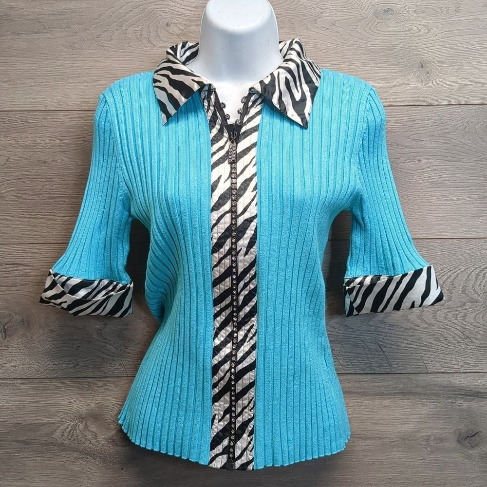 Y2K Belldini Ribbed Zip Up Top Womens Medium Zebra Trim Fitted Retro 2000s